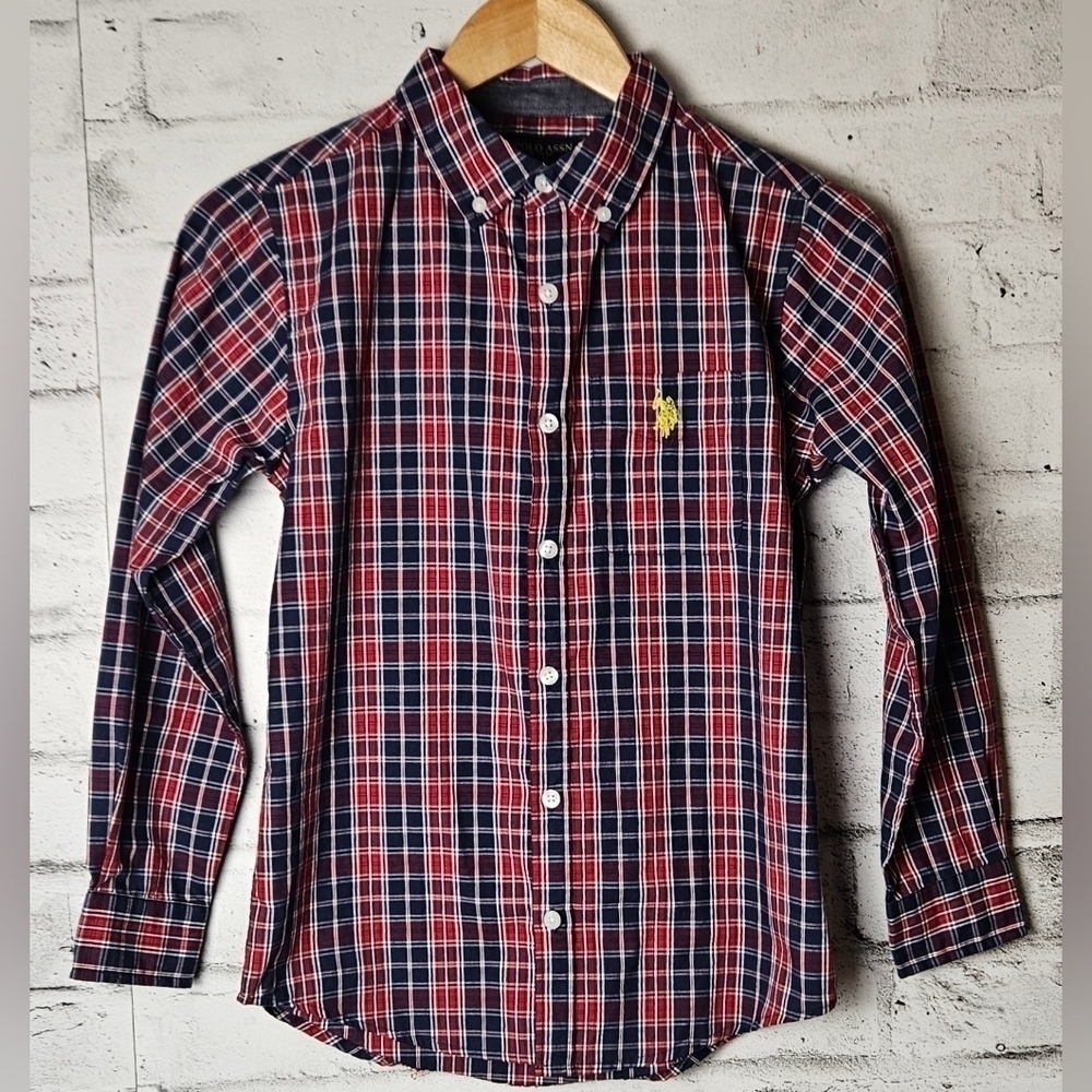 U.S. Polo Assn Boys Plaid Button Down Shirt Red Blue Size Medium